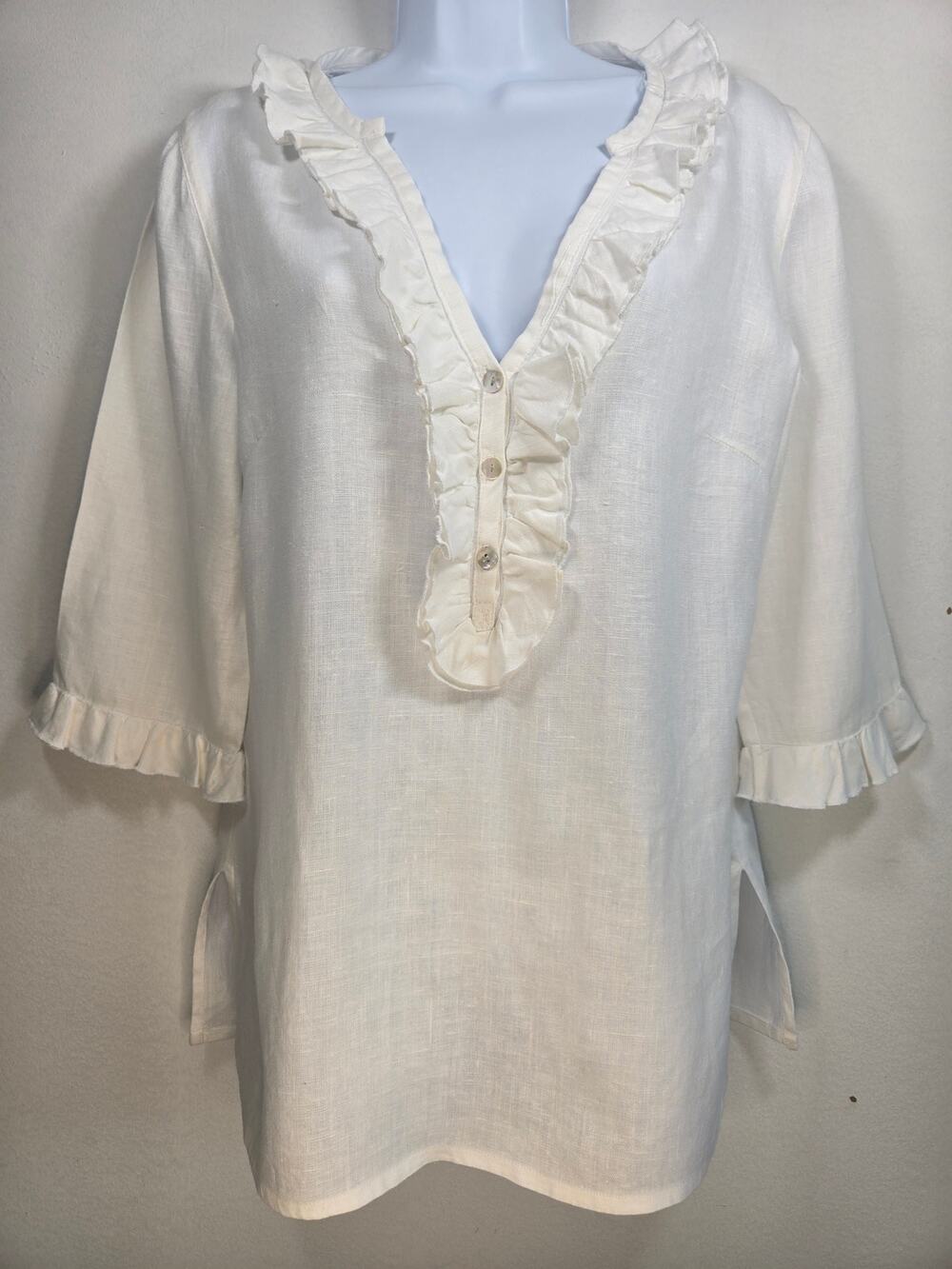 Euro Summer Sara Campbell Womens White Linen Tunic Top Ruffle Accents. Sz Med